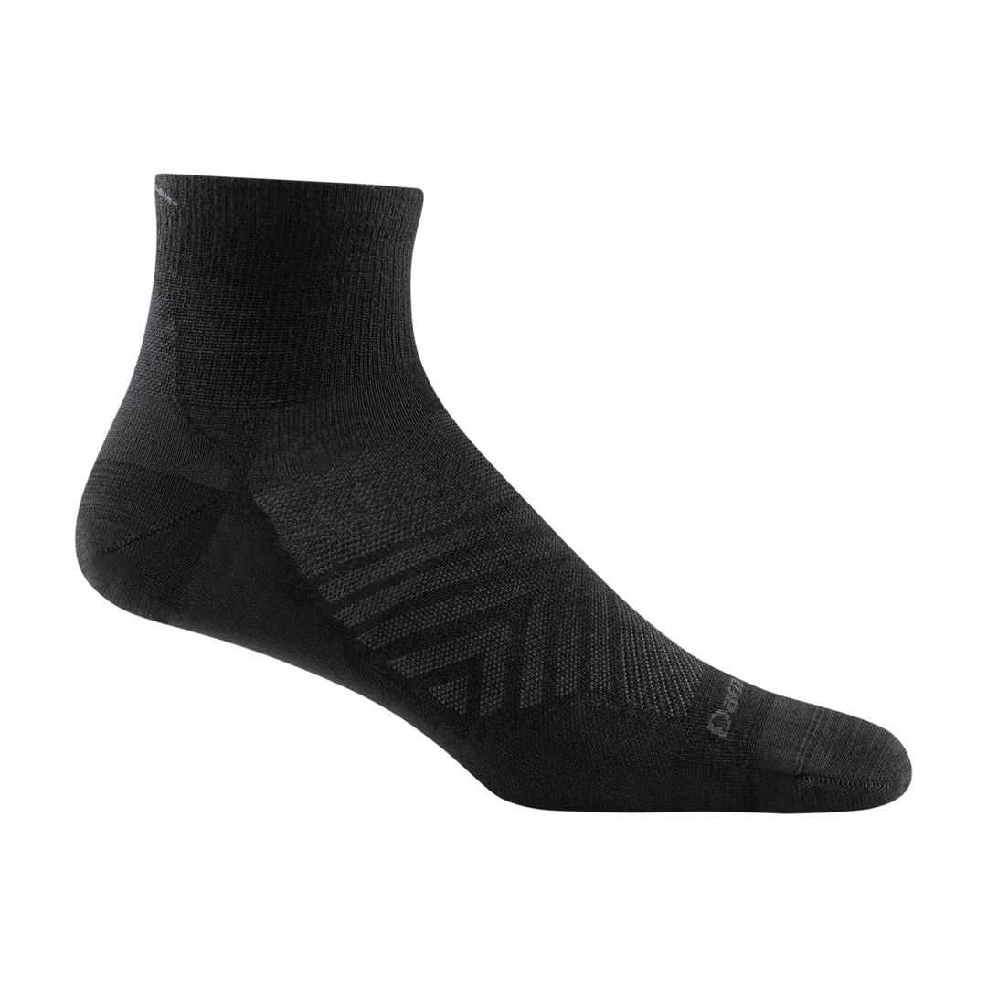 1034 men's quarter running sock in color black with gray chevron and darn tough signature on forefoot