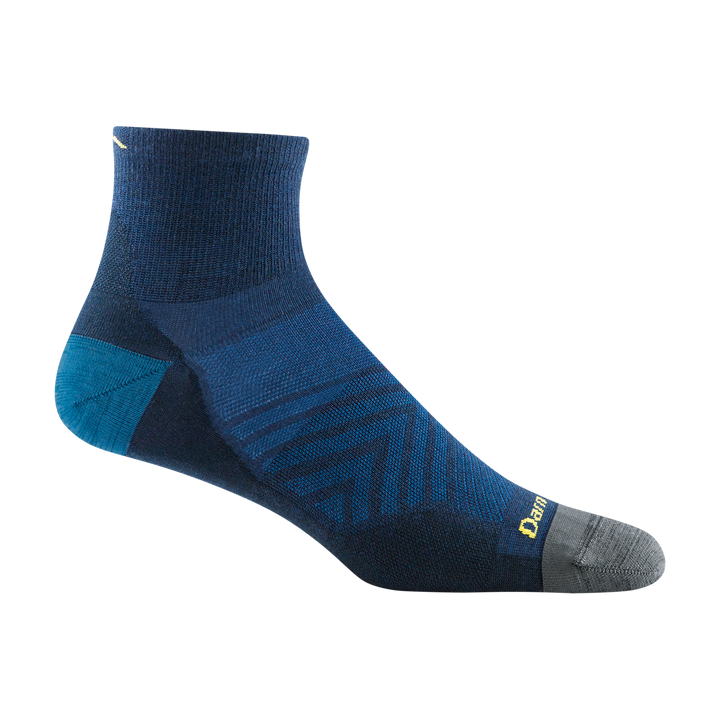 1034 men's quarter running sock in color navy with grey toe, blue heel and yellow darn tough signature on forefoot