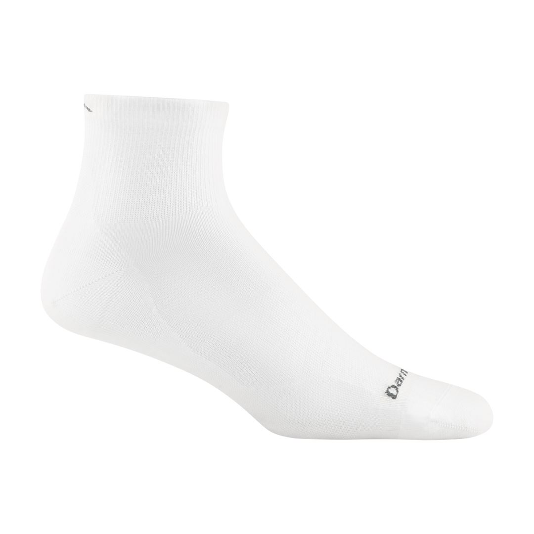 1034 men's quarter running sock in color white with dark gray darn tough signature on forefoot