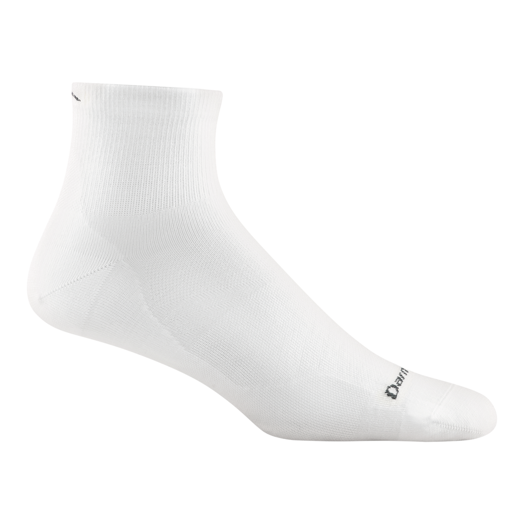 1034 men's quarter running sock in color white with dark gray darn tough signature on forefoot