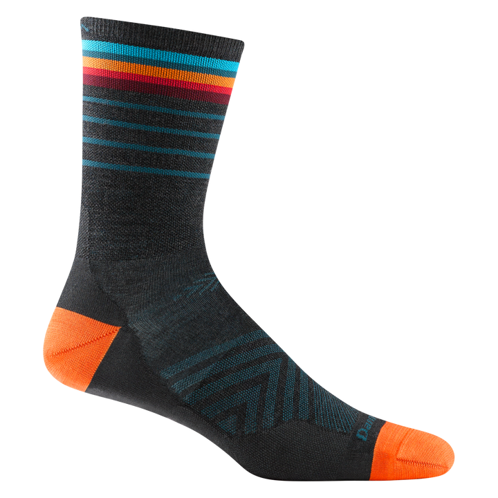1036 men's stride micro crew running sock in charcoal with orange accents and red, orange and blue calf striping