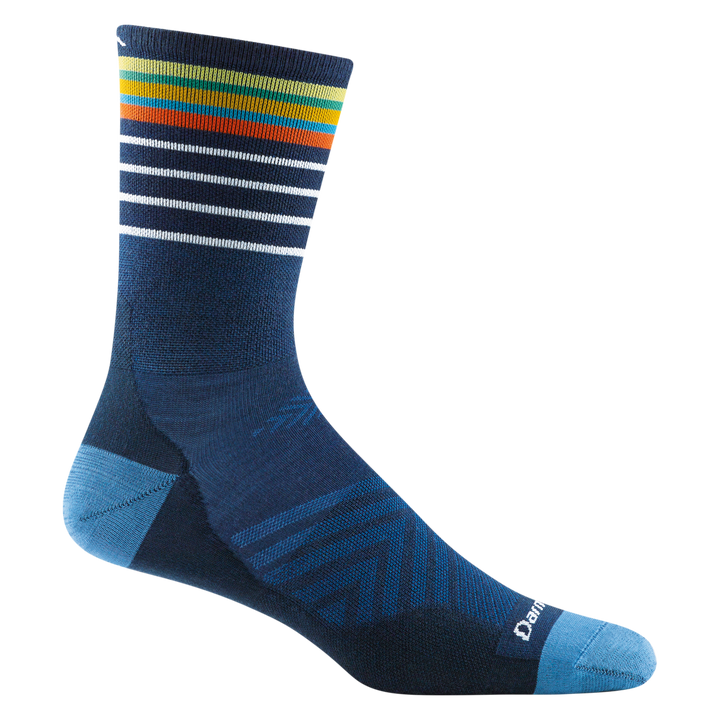 1036 men's stride micro crew running sock in navy with blue toe/heel accents and yellow, white and orange calf striping