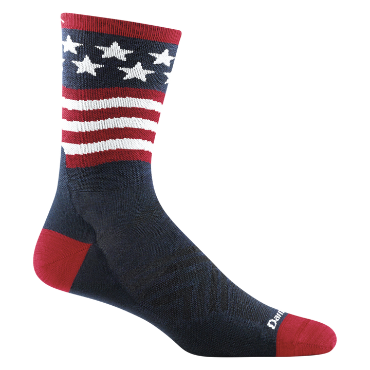 1037 men's patriot micro crew running sock in navy with red toe/heel accents and american flag design on calf