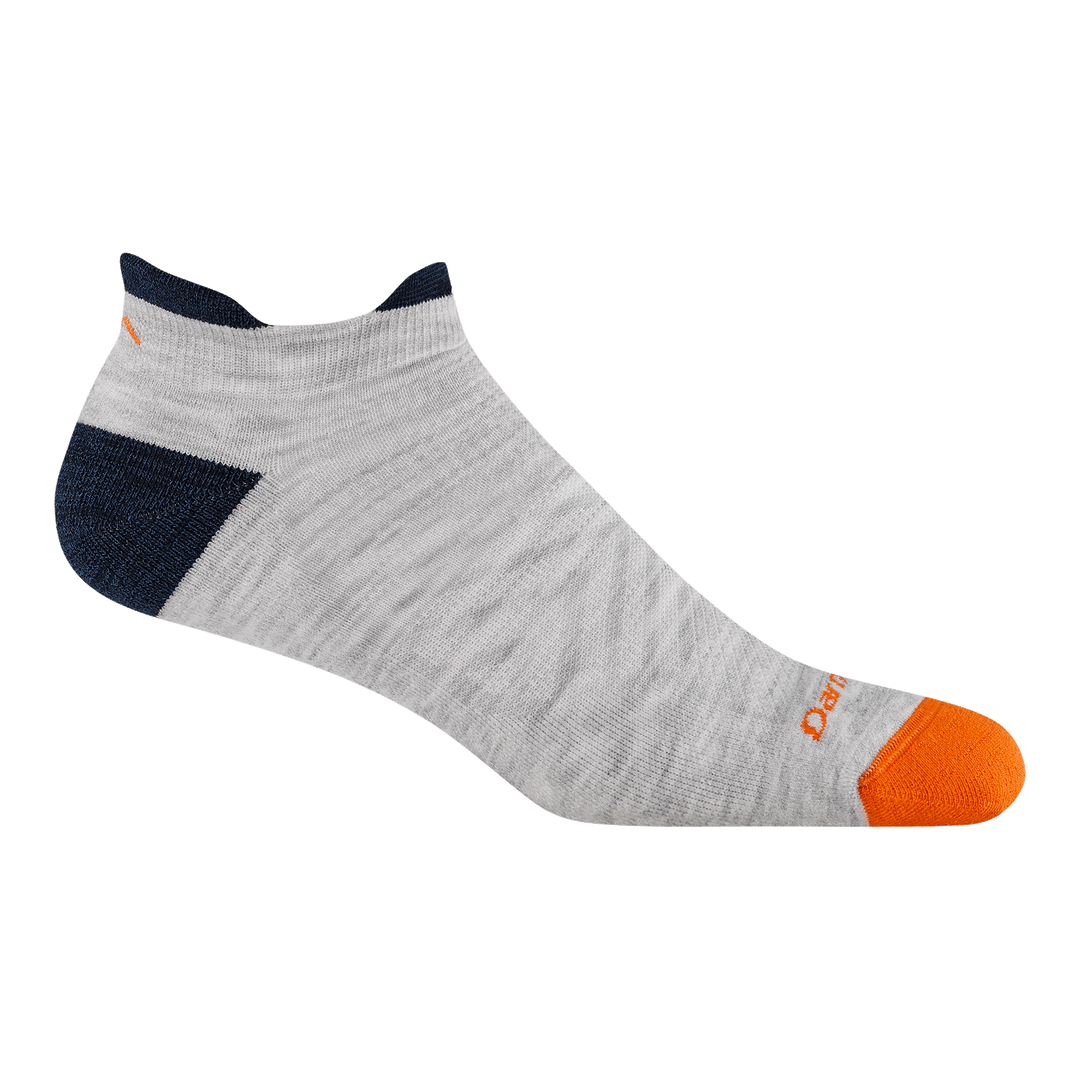 1039 men's no show tab running sock in Ash with orange toe and black heel and tab accents
