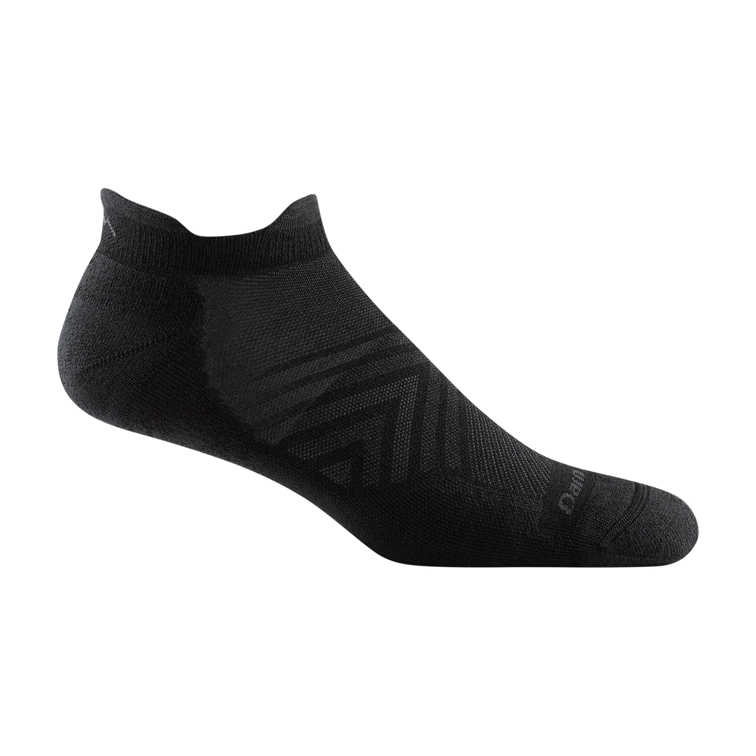 1039 men's no show tab running sock in black with gray darn tough signature on forefoot