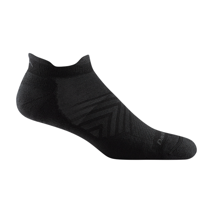 1039 men's no show tab running sock in black with gray darn tough signature on forefoot