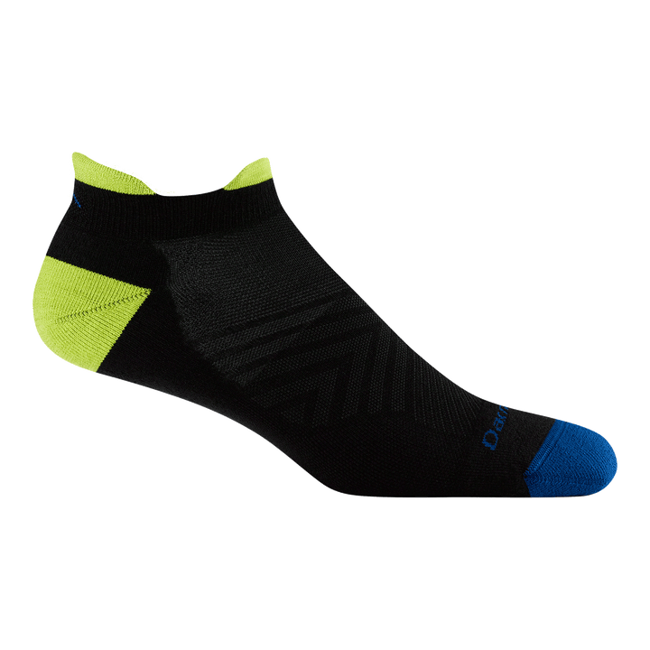 1039 Men's no show ultra lightweight running sock in black lime featuring a blue toe, bright green heel/tab and black body