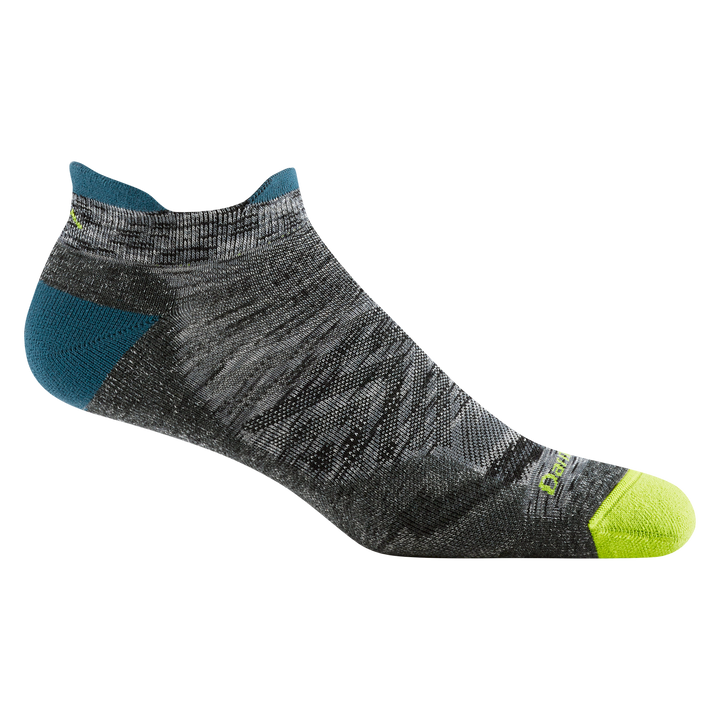 1039 men's no show tab running sock in comet with green toe and teal heel and tab accents