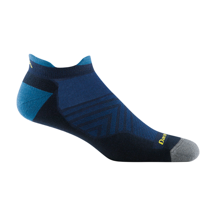 1039 men's no show tab running sock in navy blue with gray toe and medium blue heel and tab accents
