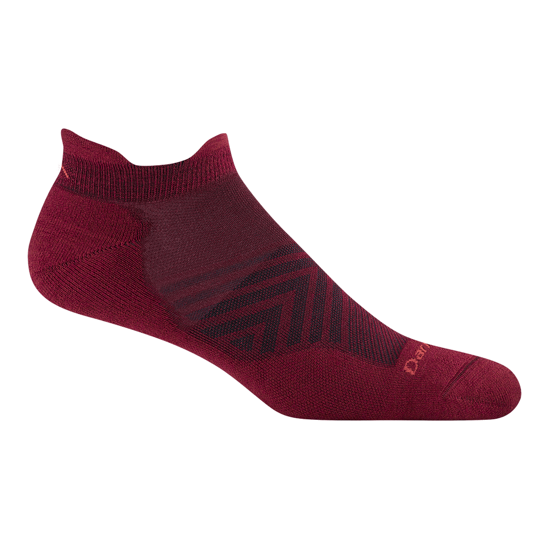 side profile of mens 1039 Run No Show Tab Ultra-Lightweight with Cushion in garnet with mesh forefoot and orange darn tough over toe box