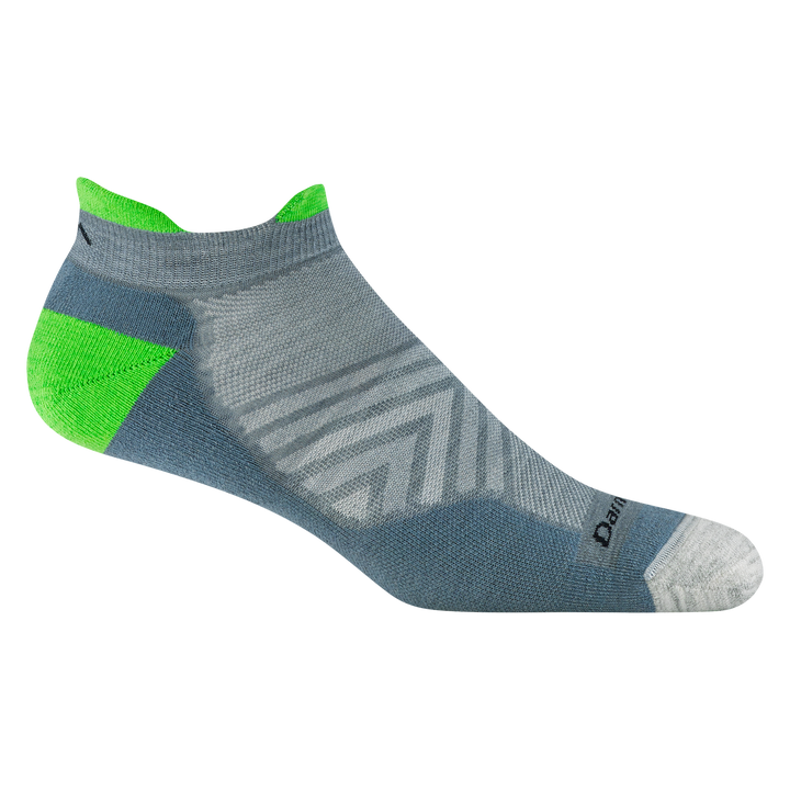 1039 men's limited edition no show tab running sock in slate gray with light gray toe and neon green heel and tab accents
