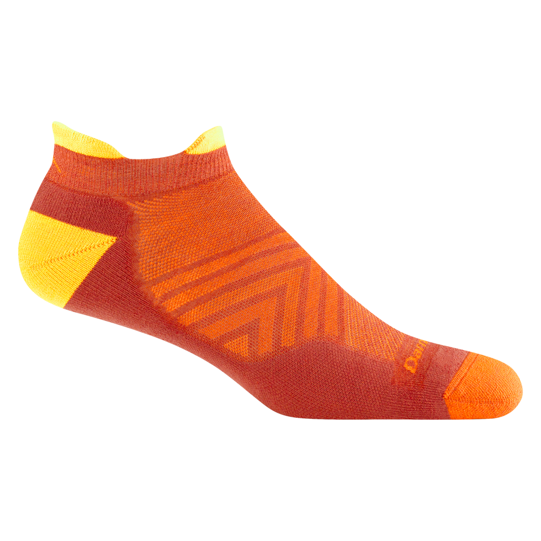 1039 men's no show tab running sock in lava with orange toe and yellow heel and tab accents