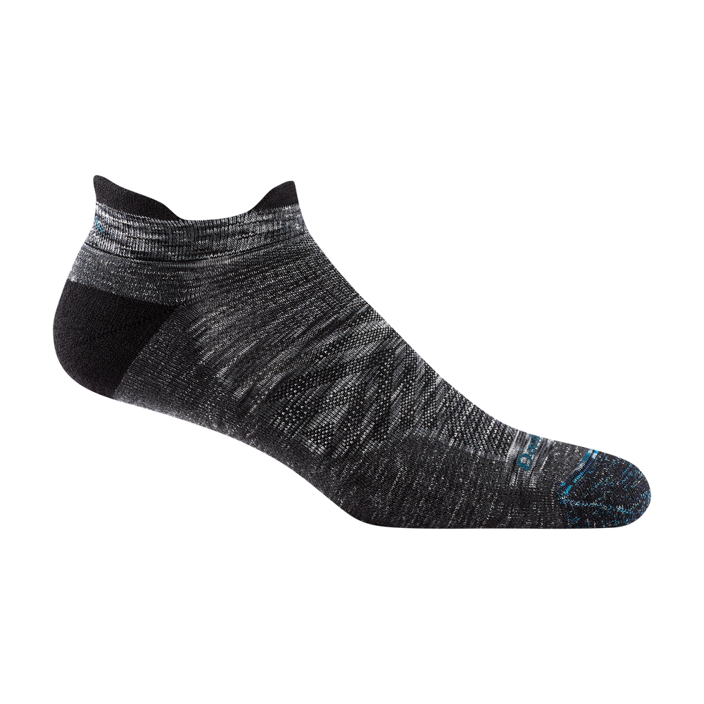 1039 men's no show tab running sock in space gray with black accents and blue darn tough signature on forefoot