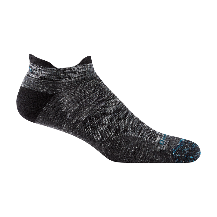 1039 men's no show tab running sock in space gray with black accents and blue darn tough signature on forefoot