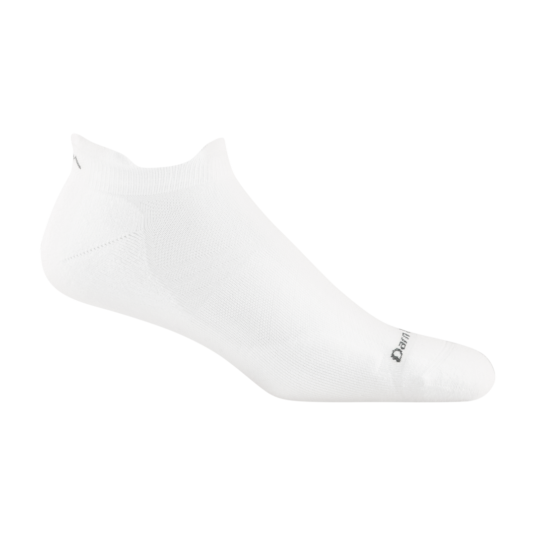 1039 men's no show tab running sock in white with dark grey darn tough signature on forefoot
