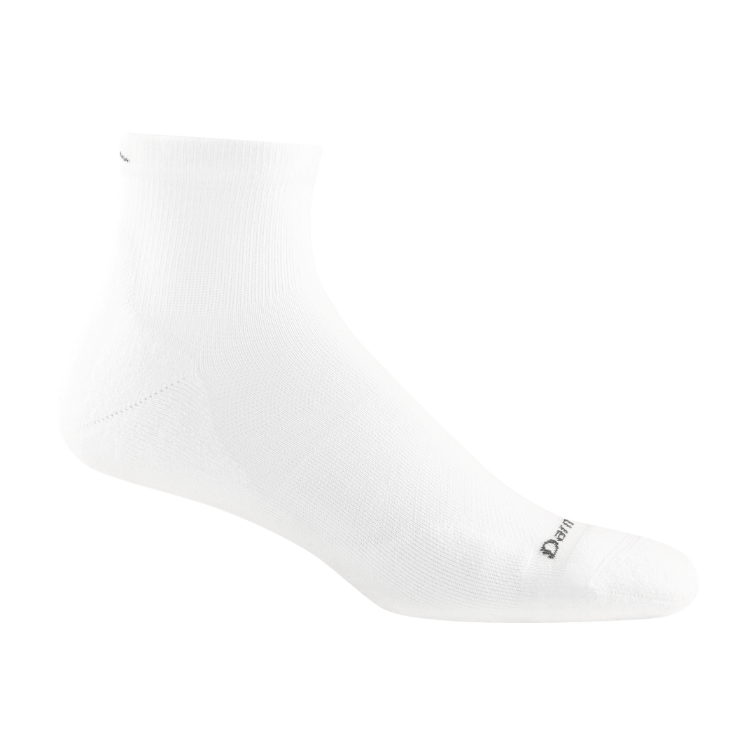 1040 men's quarter running sock in white with dark gray darn tough signature on forefoot