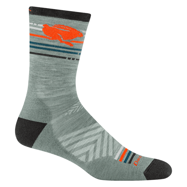 1041 men's pacer micro crew in seafoam gray with blue, gray, and orange striping and orange rabbit detail