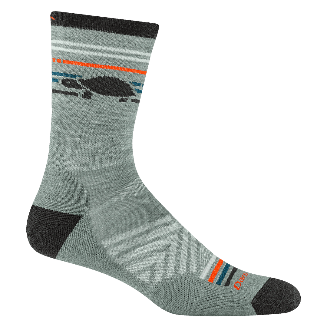 Reverse side of men's pacer micro crew in seafoam gray with blue, gray, and orange striping and green turtle detail