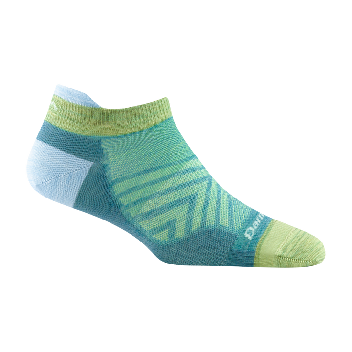 1043 women's no show tab running sock in aqua with green toe, chevron forefoot and light blue heel and tab