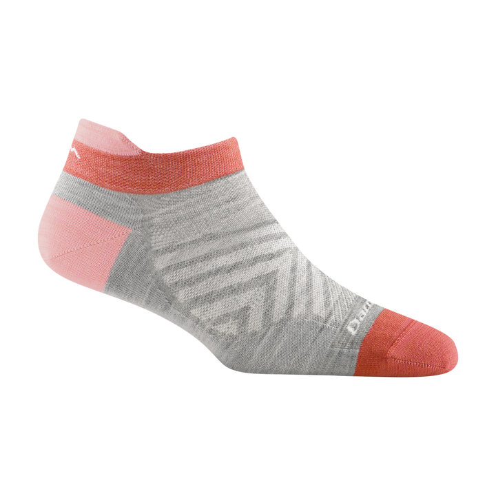 1043 women's no show tab running sock in ash gray with orange toe, chevron forefoot and pink heel and tab