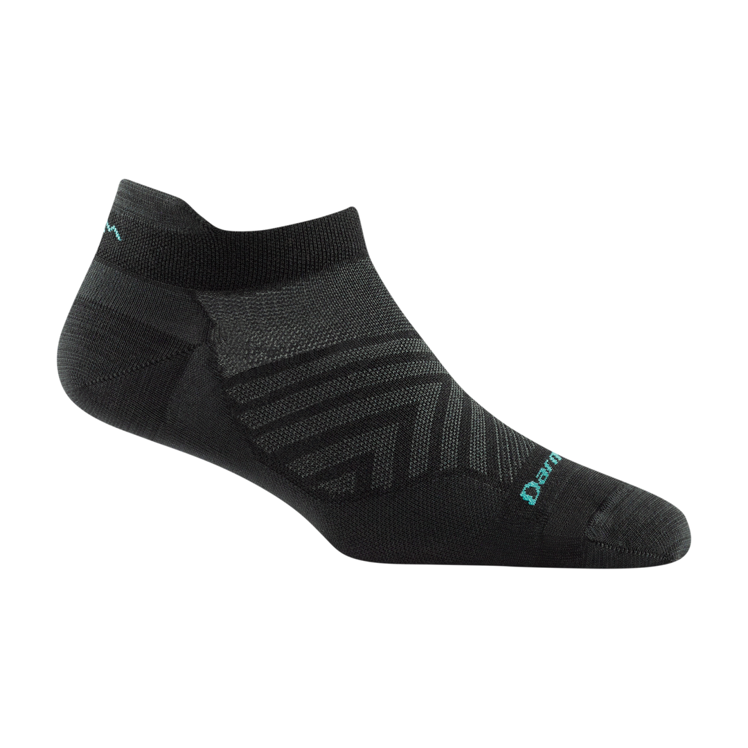 1043 women's no show tab running sock in black with gray chevron forefoot details and blue darn tough signature