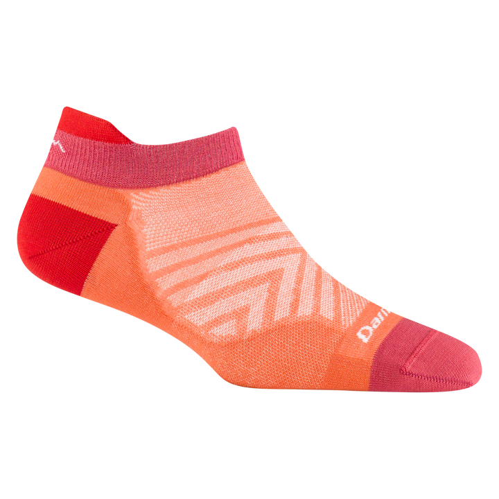 1043 women's no show tab running sock in coral with pink toe and red heel and tab accents