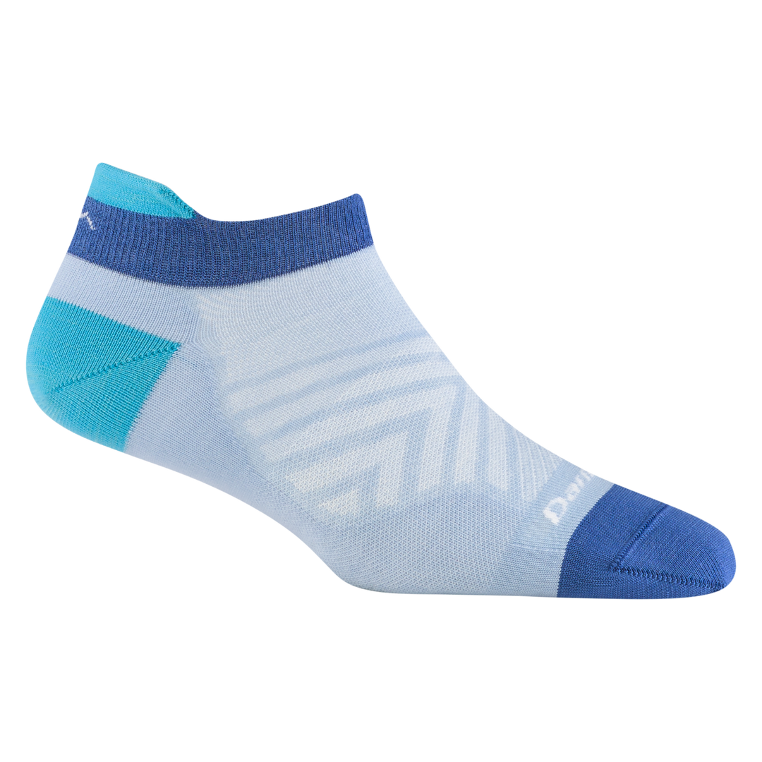 1043 women's no show tab running sock in sky blue with blue toe and teal heel and tab accents