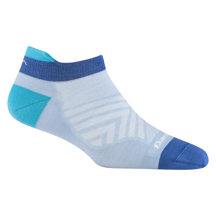 1043 women's no show tab running sock in sky blue with blue toe and teal heel and tab accents