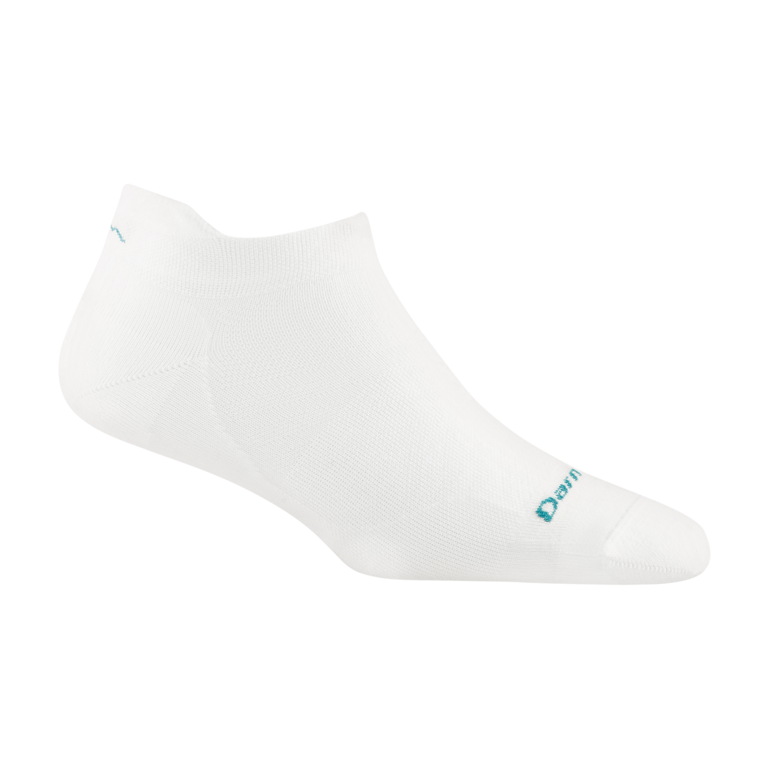 1043 women's no show tab running sock in white with teal darn tough signature on forefoot