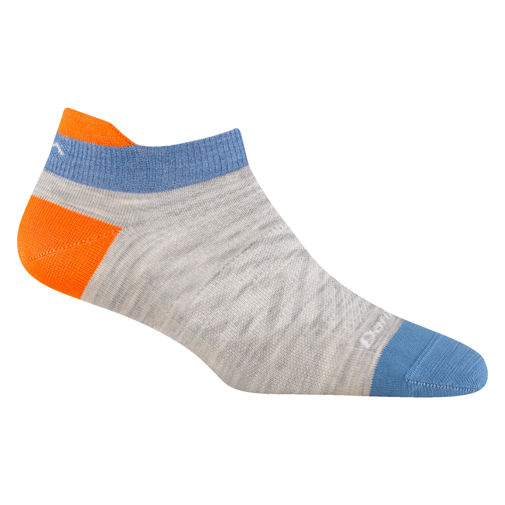 1043 women's no show tab running sock in Zenith with blue toe and orange heel and tab accents