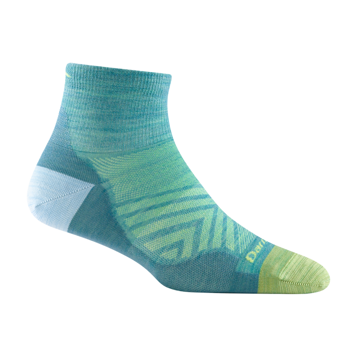 1044 women's quarter running sock in color aqua with green toe and forefoot detailing and light blue heel