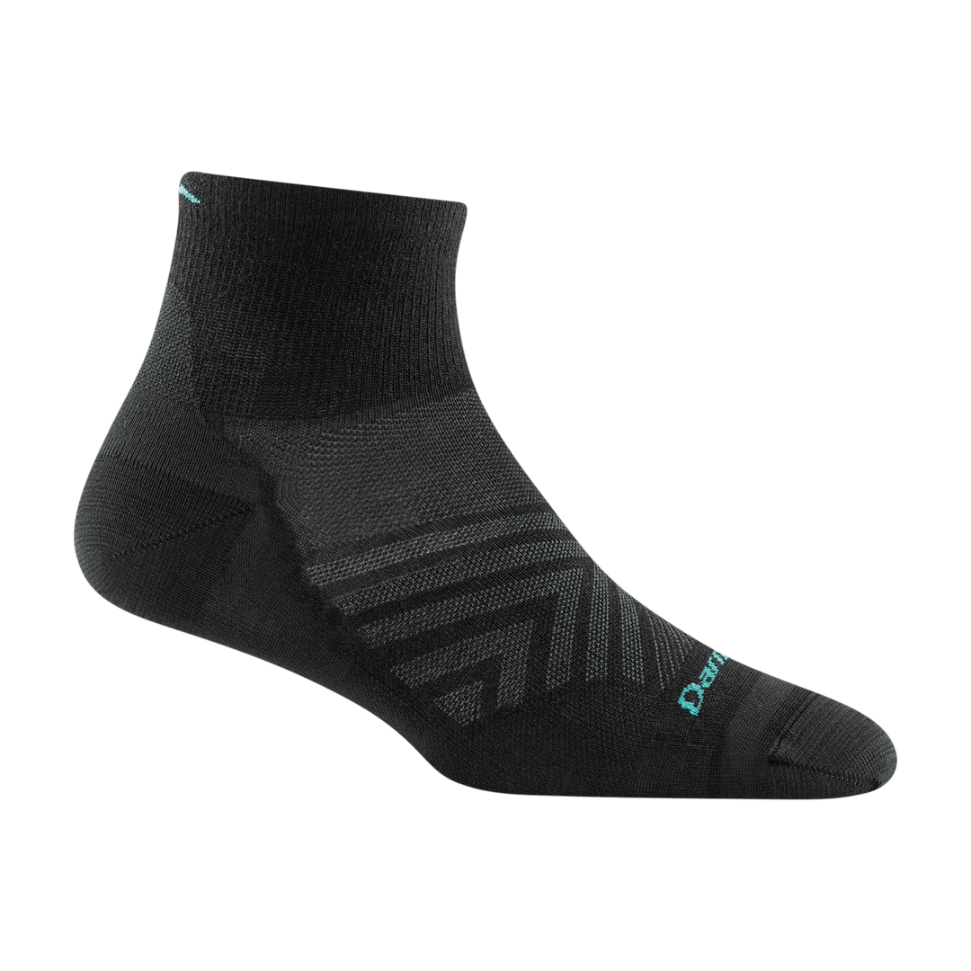 1044 women's quarter running sock in color black with gray chevron forefoot and blue darn tough signature