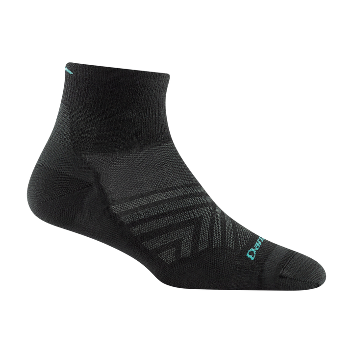 1044 women's quarter running sock in color black with gray chevron forefoot and blue darn tough signature