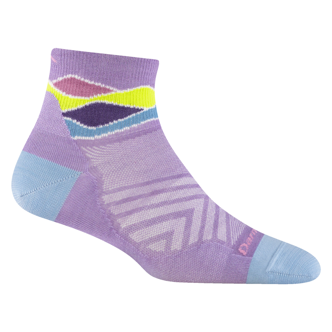 1044 women's quarter running sock in color lavender with blue toe and cuff detailing and light blue heel