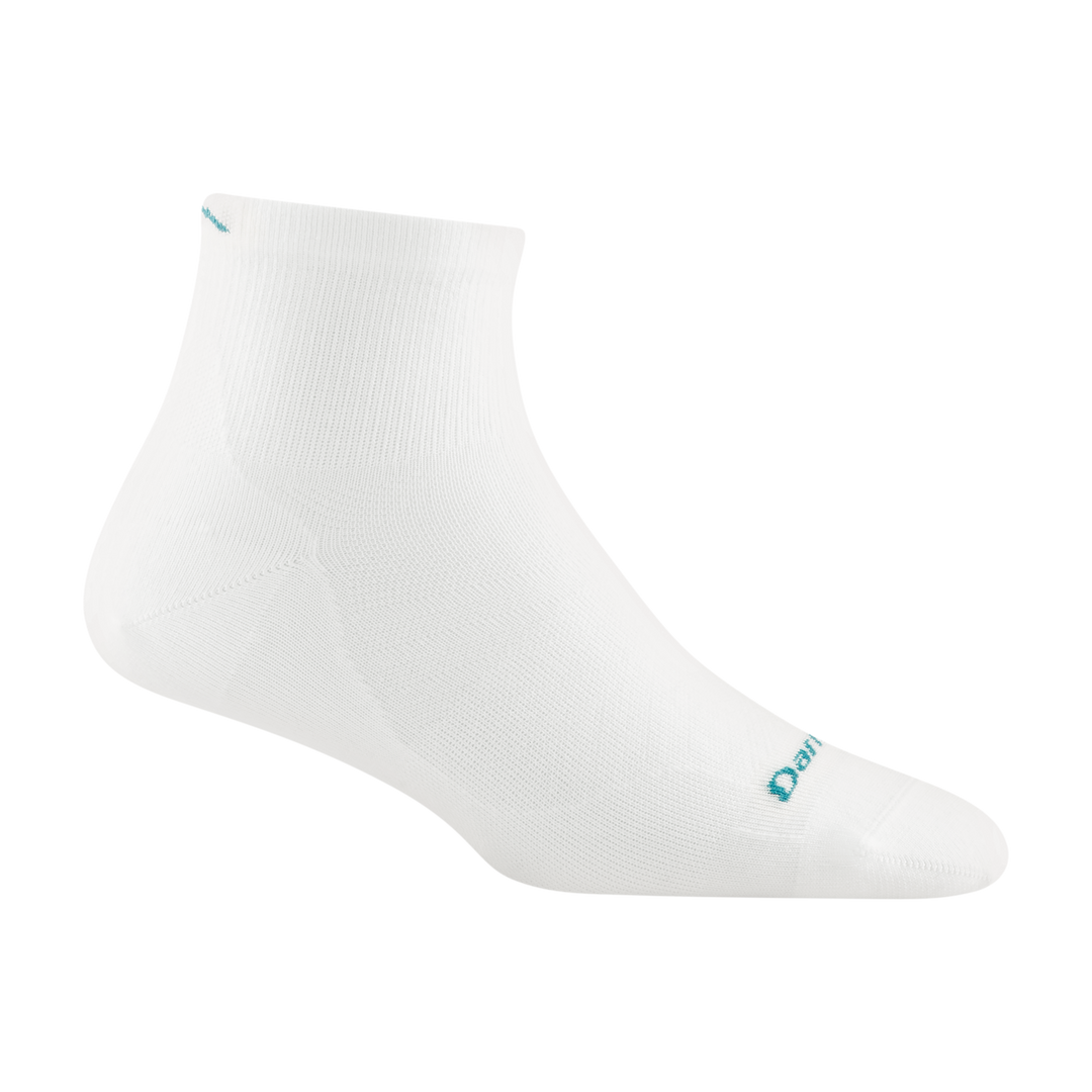 1044 women's quarter running sock in color white with teal darn tough signature on forefoot