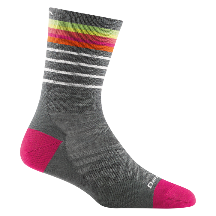 1045 women's stride micro crew running sock in gray with pink accents and orange green and white striping on calf