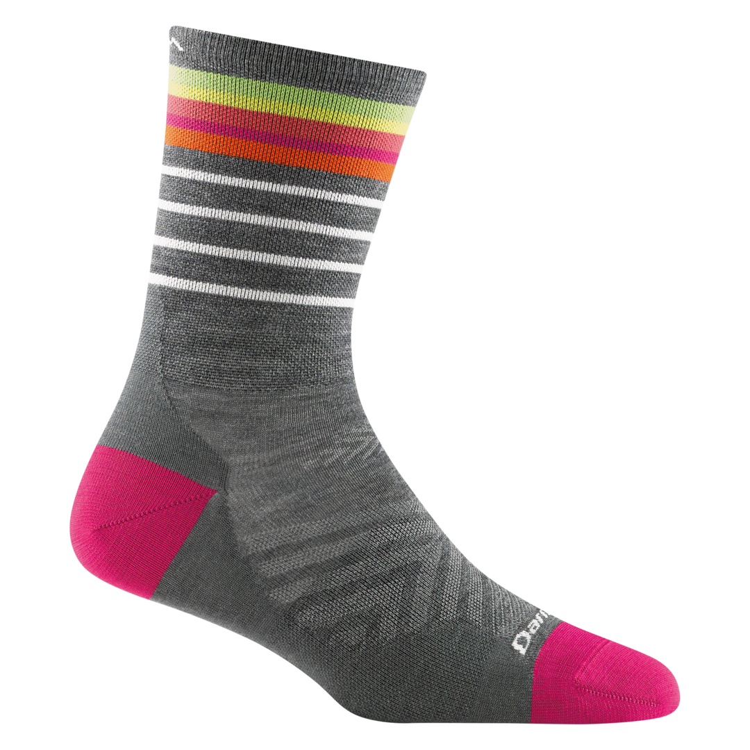 1045 women's stride micro crew running sock in gray with pink accents and orange green and white striping on calf