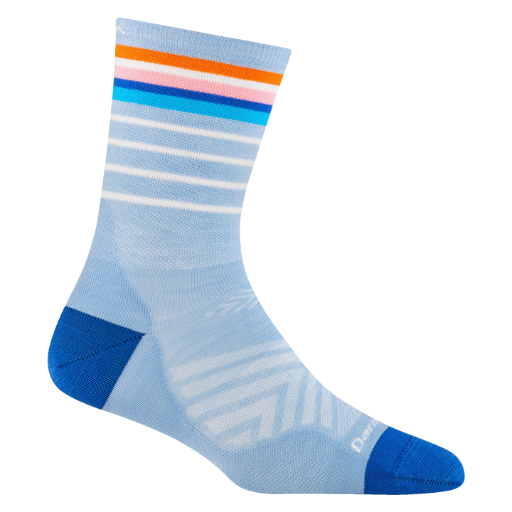 1045 women's stride micro crew running sock in sky with white, pink, orange, and blue stripes on the leg