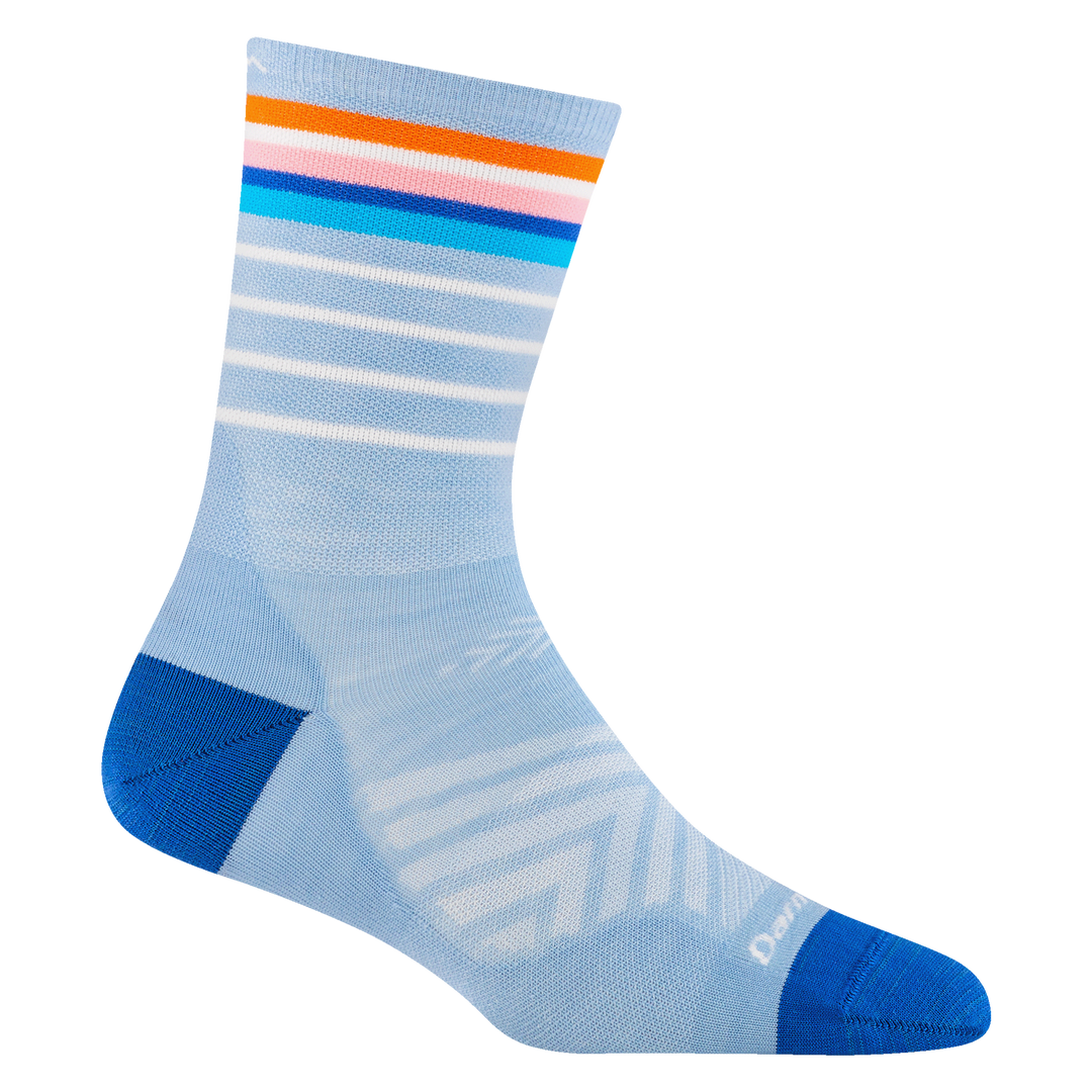 1045 women's stride micro crew running sock in sky with white, pink, orange, and blue stripes on the leg