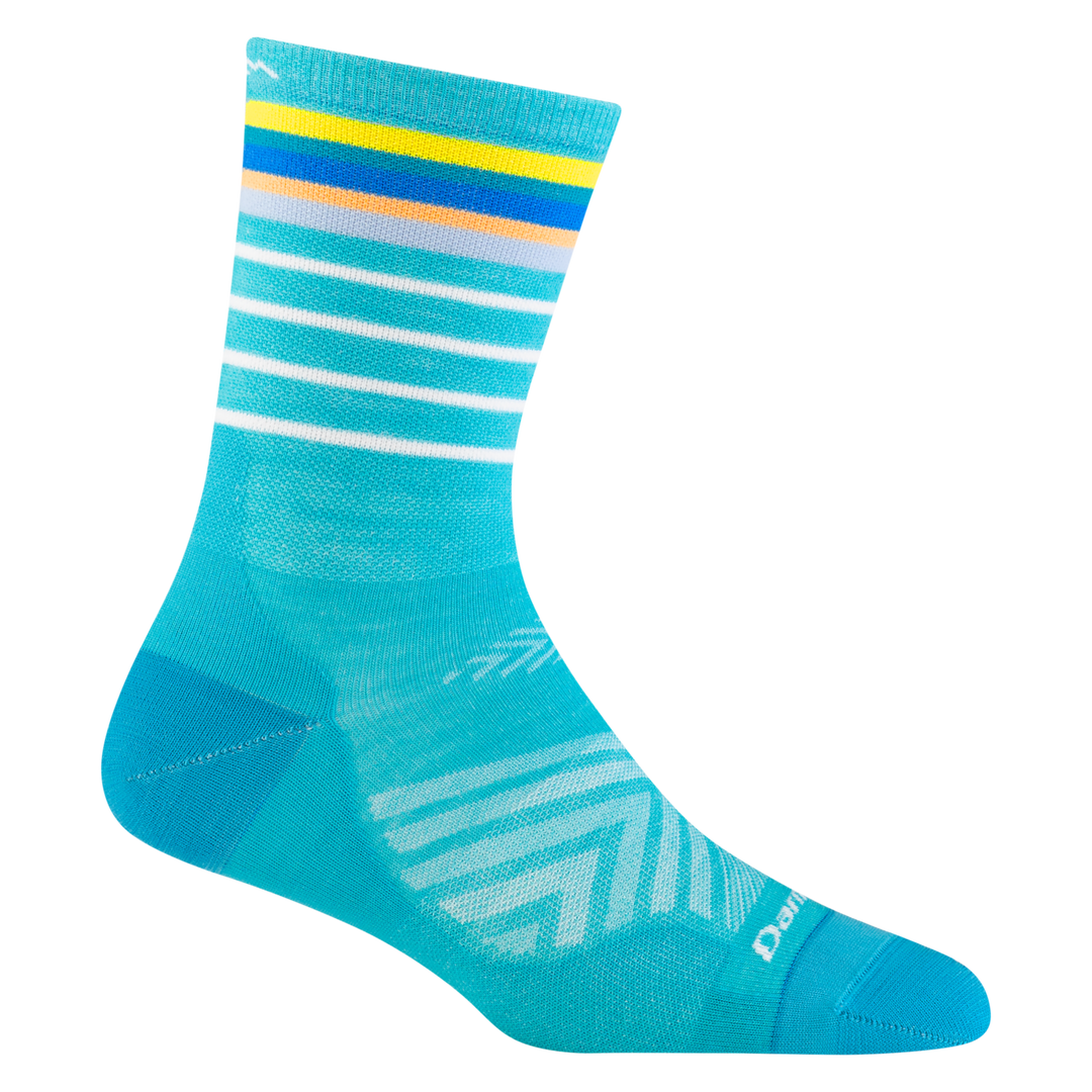 1045 women's glide micro crew running sock in teal with white, yellow, orange, and dark blue stripes on the leg