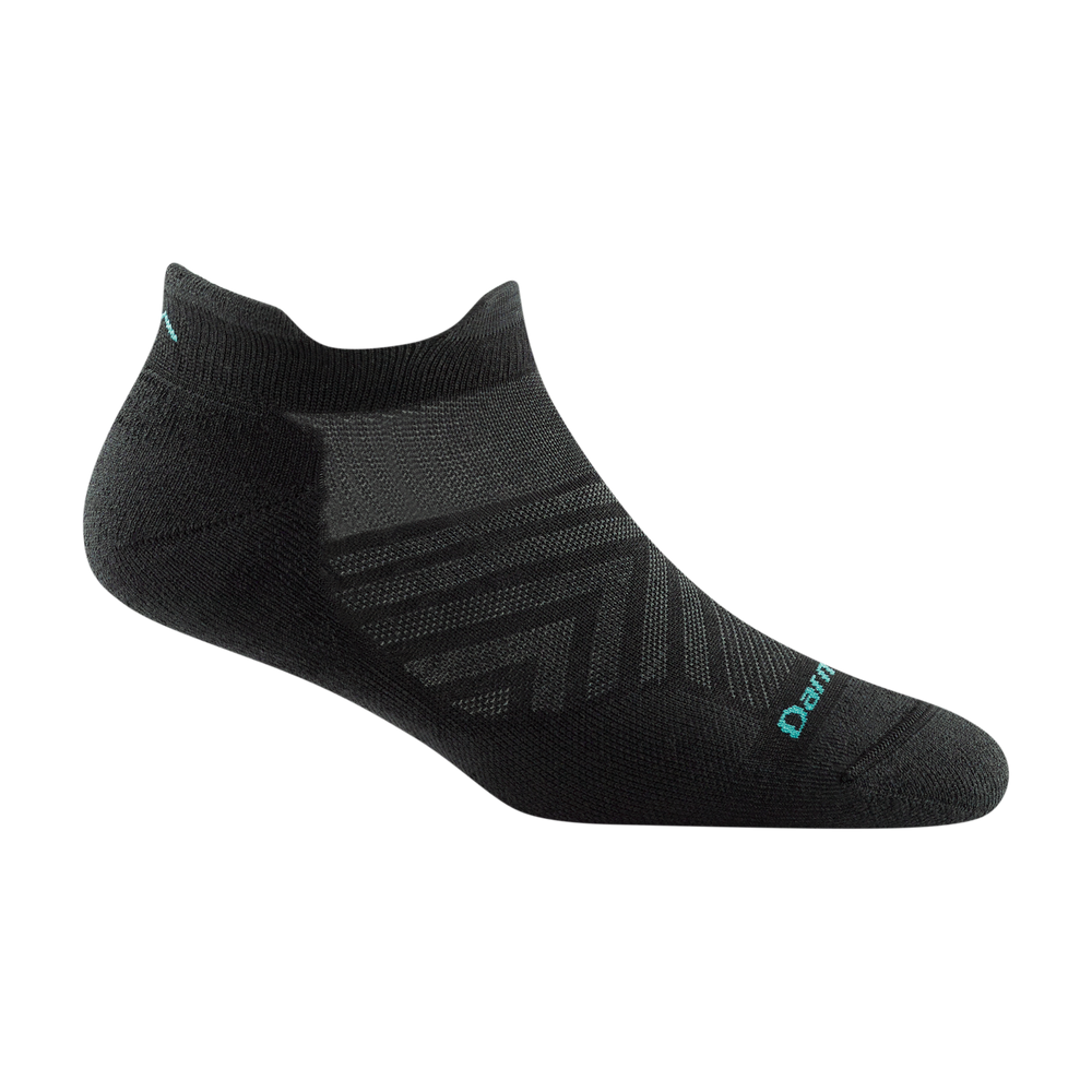 1047 women's no show tab running sock in black with gray chevron forefoot and light blue darn tough signature