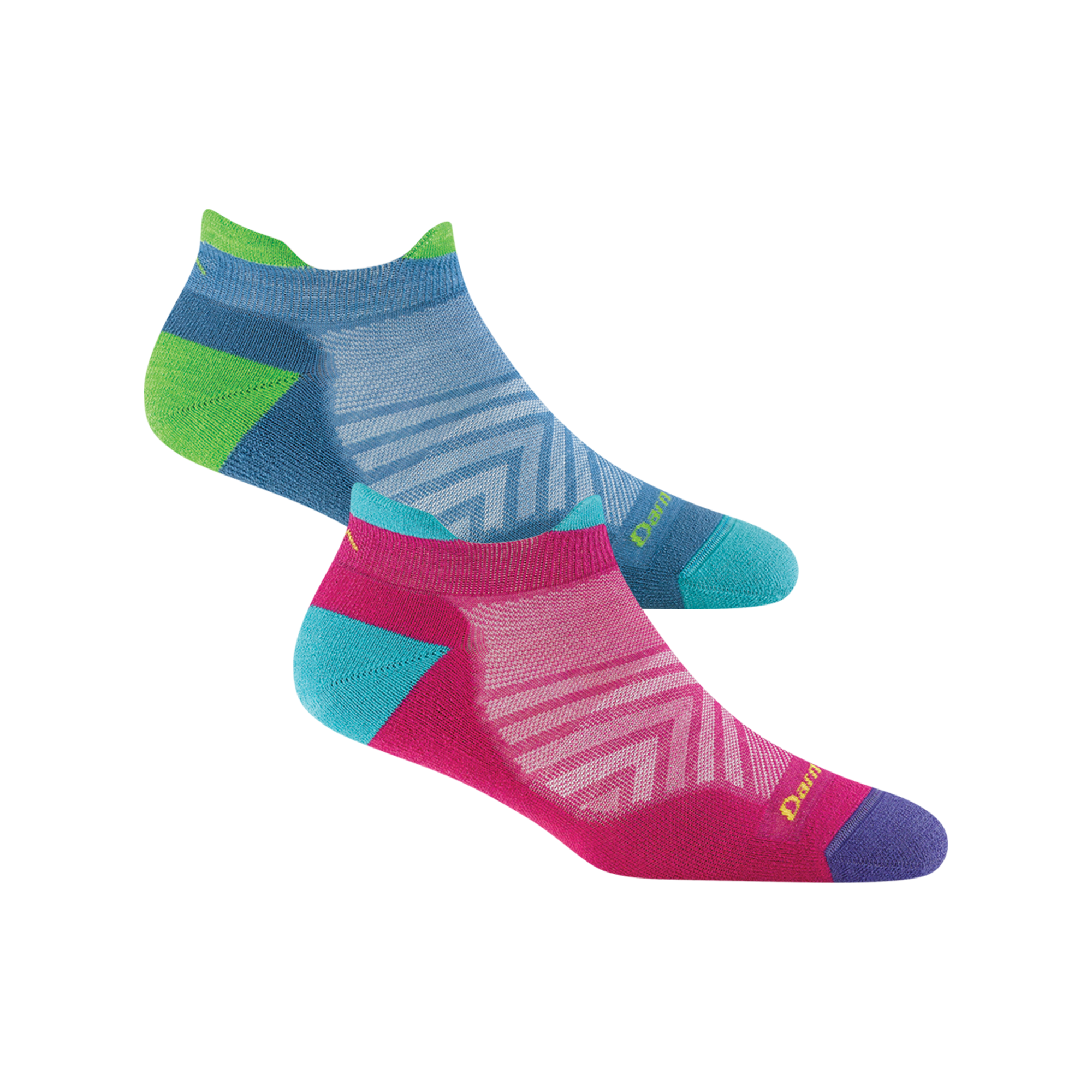 2 pack bundle including 2 pairs of the women's limited edition no show tab running socks in Boysenberry pink and Surf Blue