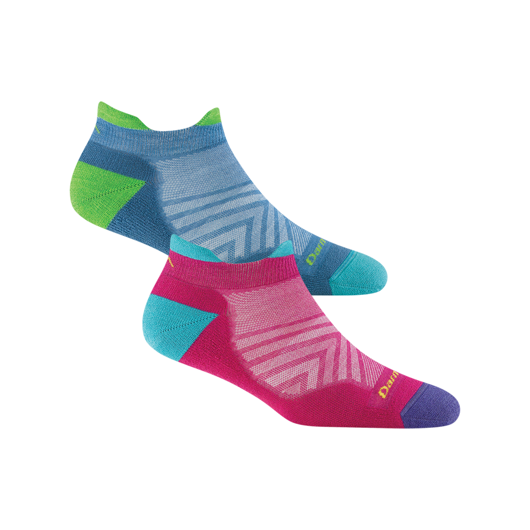 2 pack bundle including 2 pairs of the women's limited edition no show tab running socks in Boysenberry pink and Surf Blue