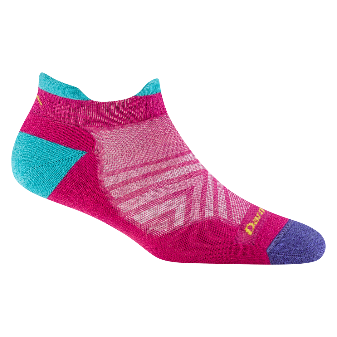 1047 women's no show tab running sock in boysenberry with purple toe and aqua heel and tab accents