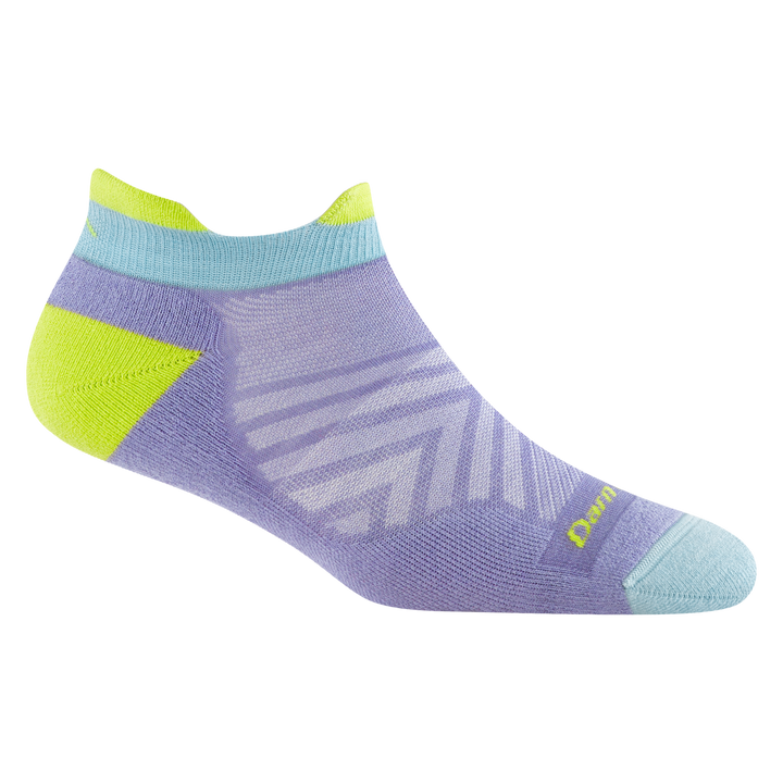 1047 women's no show tab running sock in lavender with light blue toe and yellow heel and tab accents
