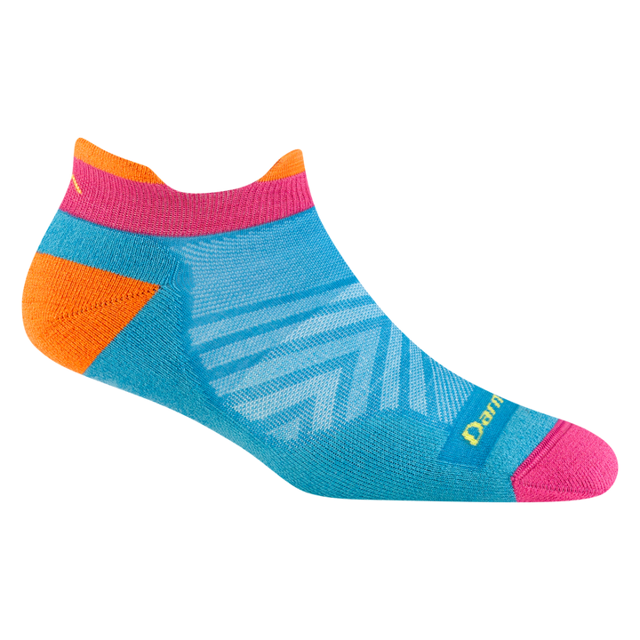 1047 women's no show tab running sock in ocean blue with pink toe and orange heel and tab accents