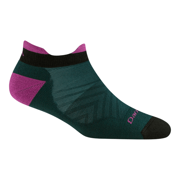 1047 Ultra-lightweight No show run sock in pine colorway featuring and dark green body black toe with a fuchsia heel/tab/logo 