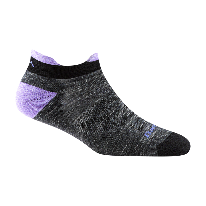 1047 women's no show tab running sock in color heathered space gray with black toe and lavender heel and tab accents