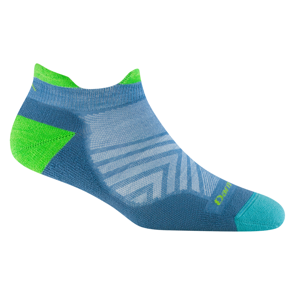 1047 women's no show tab running sock in surf with aqua toe and green heel and tab accents