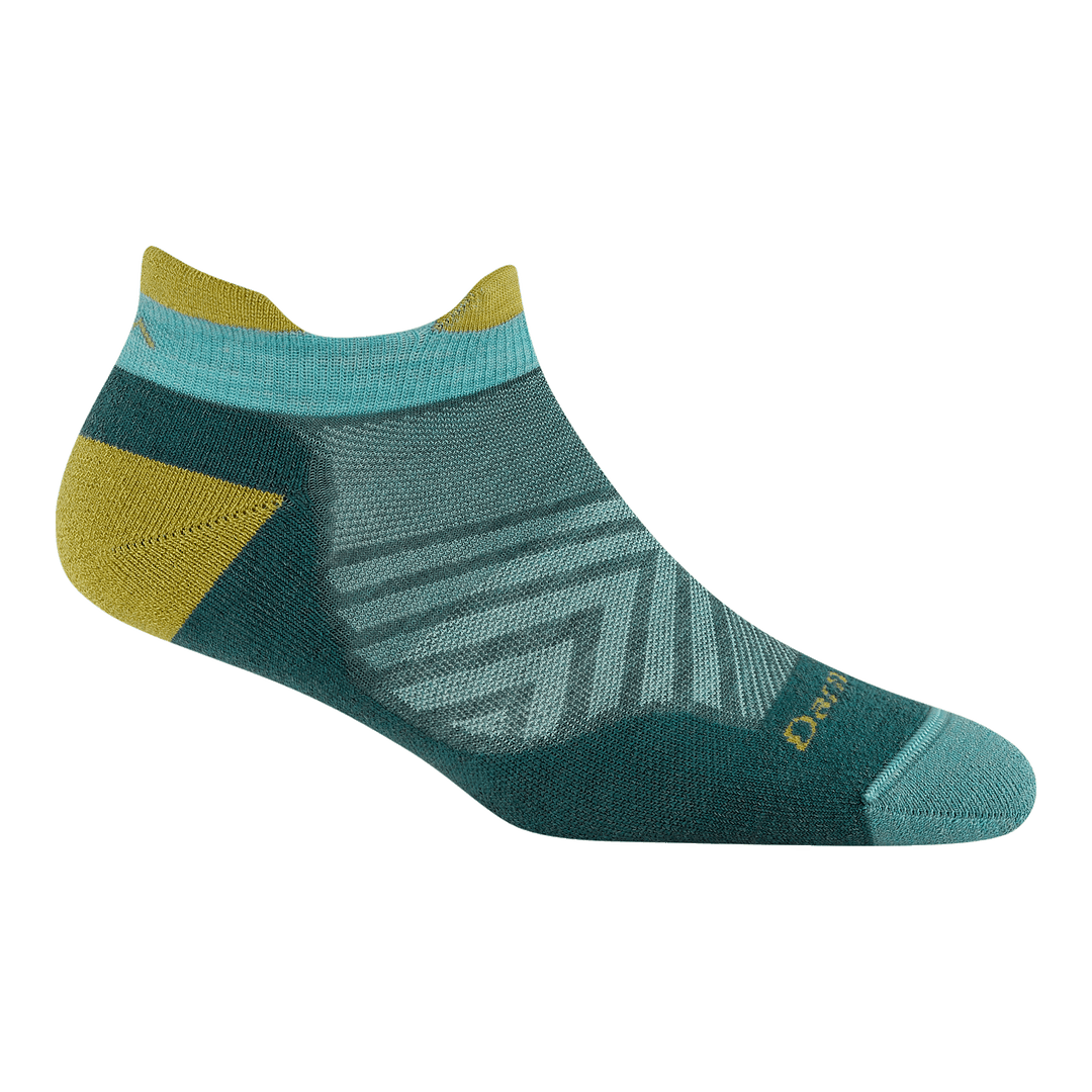 1047 no show run with cushion featuring a blue toe teal body yellow heel/tab